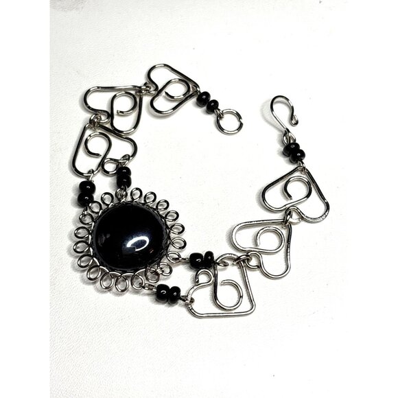 Silver & Black Stone Heart Link Bracelet With Box - Picture 1 of 9